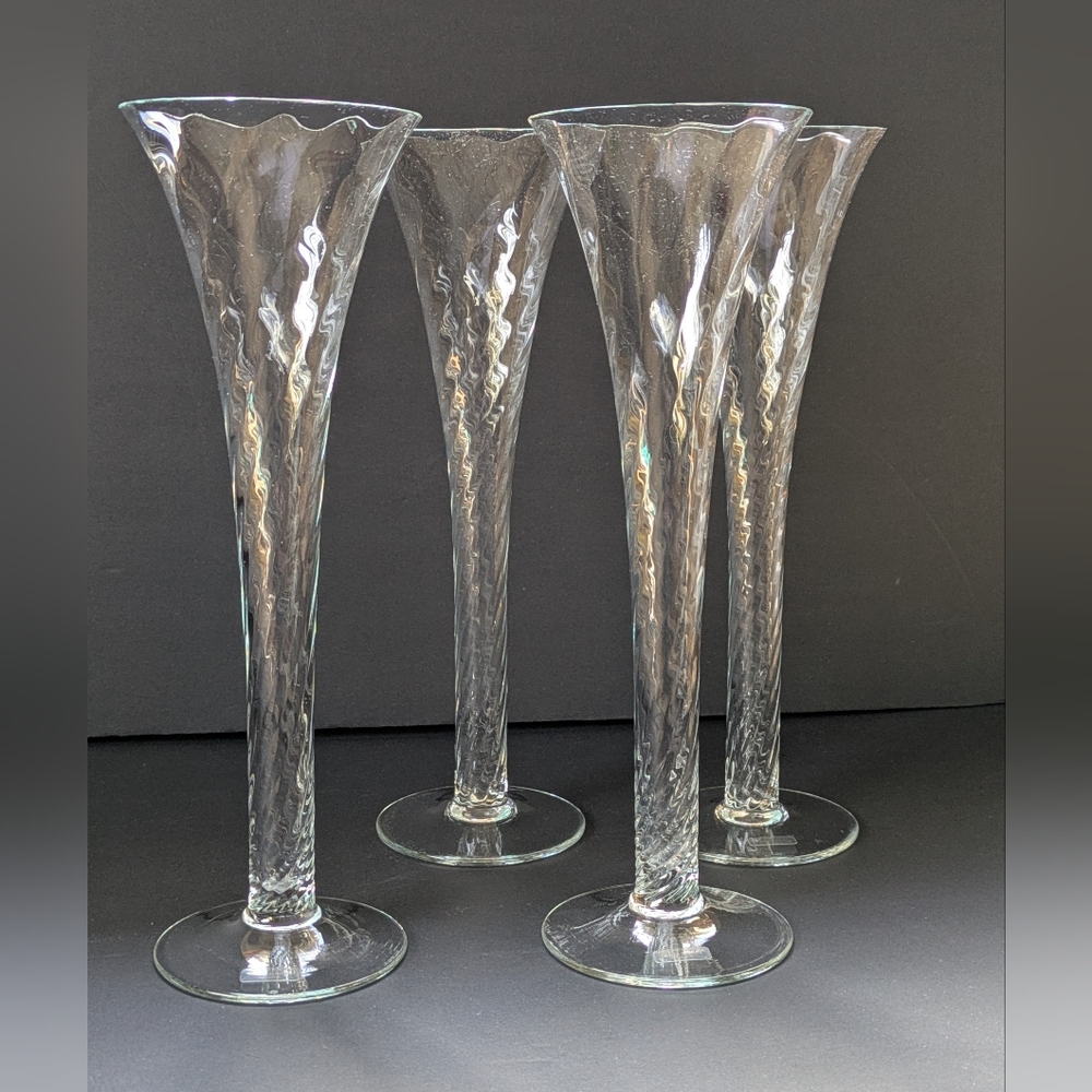 11" Hollow Stem Optic Swirl Trumpet Champagne Flutes Set Mouth Blown Vintage